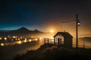 uma pequeno casa senta em topo do uma Colina às noite. gerado por IA foto