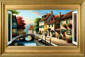 uma pintura do uma canal e casas dentro uma ouro quadro. gerado por IA foto