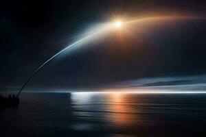 uma foguete é vôo sobre a oceano às noite. gerado por IA foto