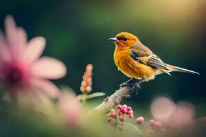 uma pequeno laranja pássaro é sentado em uma ramo. gerado por IA foto
