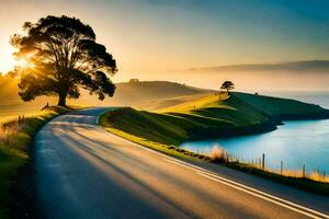 a estrada para a pôr do sol. gerado por IA foto