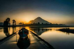 uma barco é ancorado às a costa do uma lago às nascer do sol. gerado por IA foto