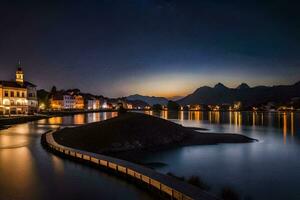 uma cidade às noite com uma rio e montanhas dentro a fundo. gerado por IA foto