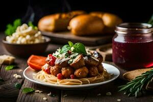 espaguete com cogumelos e tomates em uma de madeira mesa. gerado por IA foto