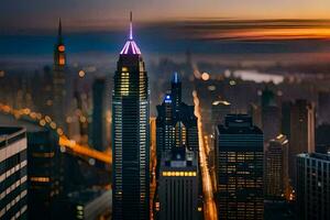 uma cidade Horizonte às crepúsculo com luzes em topo. gerado por IA foto