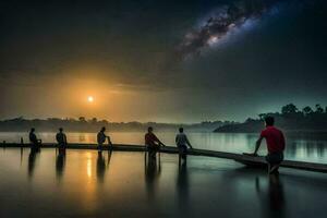 pessoas sentado em uma doca assistindo a Sol conjunto sobre uma lago. gerado por IA foto