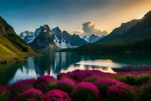 uma lago cercado de roxa flores e montanhas. gerado por IA foto