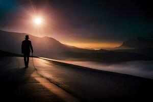 uma homem caminhando em uma estrada às pôr do sol. gerado por IA foto