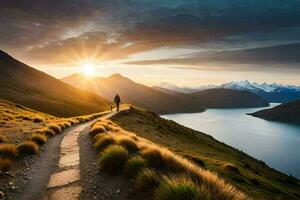 a Sol sobe sobre lago tekapo dentro Novo zelândia. gerado por IA foto