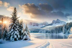 uma Nevado panorama com árvores e uma lago. gerado por IA foto