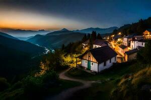uma Vila às crepúsculo dentro a montanhas. gerado por IA foto