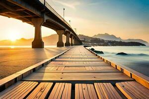 uma de madeira ponte sobre a oceano às pôr do sol. gerado por IA foto