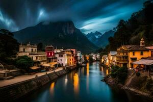 uma rio corre através uma Cidade às noite. gerado por IA foto