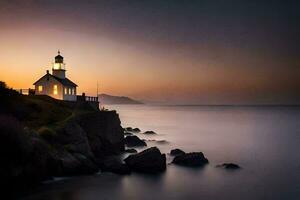 uma farol senta em a Beira do uma penhasco negligenciar a oceano. gerado por IA foto