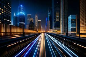 uma cidade às noite com luz trilhas em a estrada. gerado por IA foto