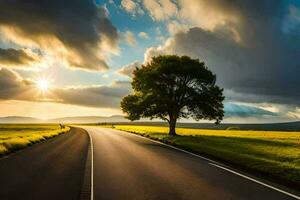 uma árvore carrinhos sozinho em uma estrada às pôr do sol. gerado por IA foto