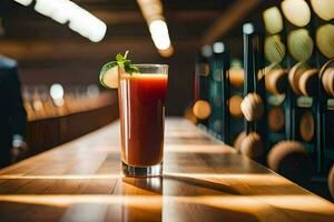 uma vidro do sangue laranja suco sentado em uma bar. gerado por IA foto