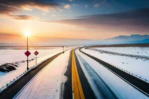 uma rodovia dentro a inverno com neve em a chão. gerado por IA foto