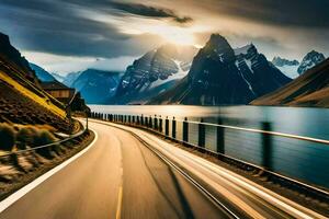 uma carro dirigindo baixa uma estrada com montanhas dentro a fundo. gerado por IA foto