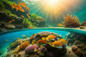 embaixo da agua cena com coral recife e peixe. gerado por IA foto