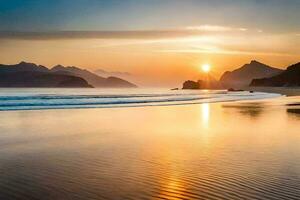 pôr do sol em a de praia com montanhas dentro a fundo. gerado por IA foto