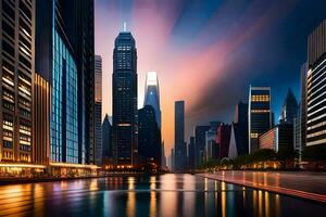 uma cidade Horizonte às crepúsculo com uma rio e edifícios. gerado por IA foto