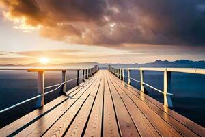 uma de madeira ponte sobre a oceano às pôr do sol. gerado por IA foto