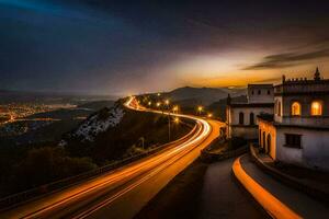 uma grandes exposição foto do uma estrada e uma construção às crepúsculo. gerado por IA