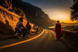 uma casal em uma motocicleta às pôr do sol. gerado por IA foto