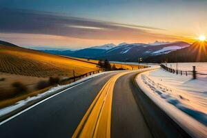 uma estrada dentro a inverno com a Sol contexto. gerado por IA foto