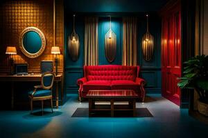 uma vermelho sofá senta dentro uma quarto com azul paredes. gerado por IA foto