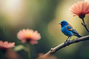 uma azul pássaro é empoleirado em uma ramo com Rosa flores gerado por IA foto