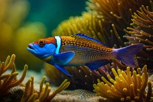 uma colorida peixe é natação dentro a oceano. gerado por IA foto