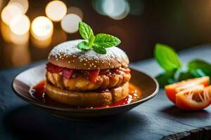 uma Hamburger com tomate molho e hortelã folhas em uma placa. gerado por IA foto