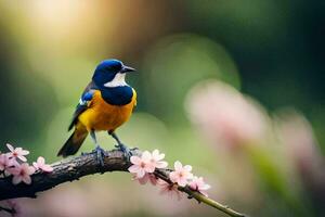 foto papel de parede pássaro, a sol, flores, primavera, a pássaro, primavera, a pássaro,. gerado por IA