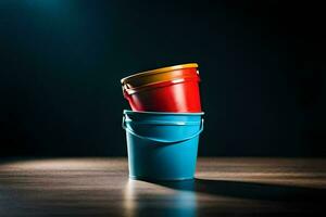 dois colorida baldes em uma de madeira mesa. gerado por IA foto