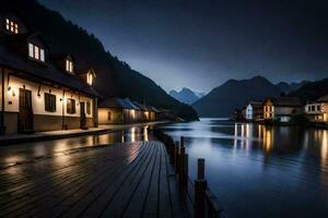 foto papel de parede a céu, montanhas, água, casas, lago, a noite, a lago,. gerado por IA