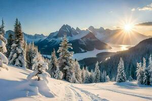 neve coberto árvores e montanhas às pôr do sol. gerado por IA foto