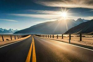 a Sol brilha sobre uma estrada dentro a meio do uma deserto. gerado por IA foto