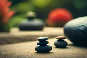 zen pedras em a praia, zen, meditação, meditação, zen, meditação, z. gerado por IA foto