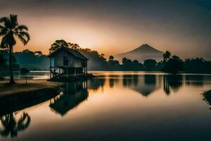 uma pequeno casa senta em a Beira do uma lago às pôr do sol. gerado por IA foto