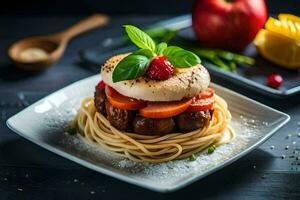 a Comida é servido em uma prato com uma faca e garfo. gerado por IA foto