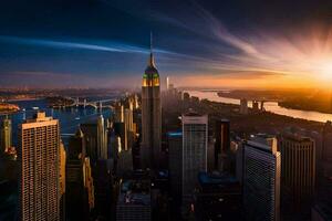 a Sol sobe sobre a cidade Horizonte dentro Novo Iorque. gerado por IA foto