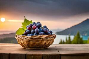 uvas dentro uma cesta em uma de madeira mesa com uma pôr do sol dentro a fundo. gerado por IA foto