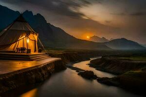 uma barraca senta em a Beira do uma rio às pôr do sol. gerado por IA foto