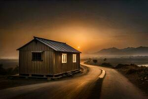 uma pequeno casa senta em a lado do uma estrada às pôr do sol. gerado por IA foto