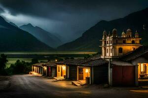 foto papel de parede a céu, montanhas, a escuro, a noite, a montanhas, a Vila,. gerado por IA