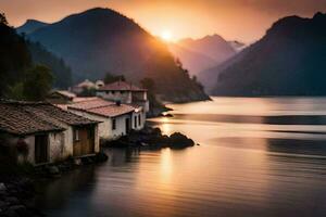 uma lago e casas dentro a montanhas às pôr do sol. gerado por IA foto
