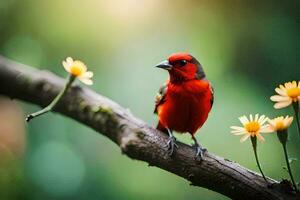 uma vermelho pássaro sentado em uma ramo com amarelo flores gerado por IA foto