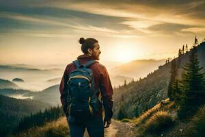 uma homem com uma mochila em pé em uma trilha dentro a montanhas. gerado por IA foto